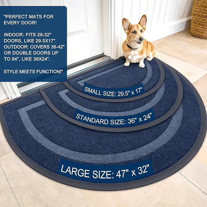 OLANLY Half Circle Door Mat Indoor Outdoor Entrance Welcome, Waterproof All-Season, All-Weather Doormat, Sturdy Natural Rubber, Low Profile, Easy Clean Patio Porch Entryway Mat, 47x32, Blue