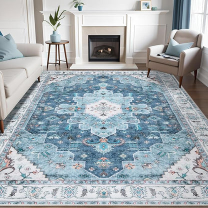 SERISSA Boho 8x10 Area Rugs Blue, Washable Vintage Large Living Room Rug Non-Slip, Ultra Soft Oriental Print Distressed Traditional Farmhouse Carpet for Dining Room Bedroom Dorm Office Home Decor
