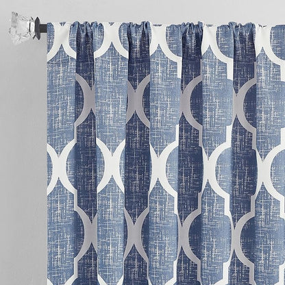 Beauoop 100% Blackout Curtains 84 Inches Long 2 Panels for Bedroom Living Room Blue Moroccan Geo Room Darkening Thermal Insulated Soundproof Rod Pocket Back Tab Window Treatments Drapes, 50x84