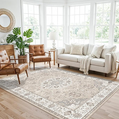 Washable 5x8 Living Room Area Rug: Vintage Water-Resistant Soft Rug for Bedroom Dining Room Non Slip Apartment Low Pile Carpet Thin Floor Mat for Dorm Home Office Printed Beside Rug(5x8，Beige)