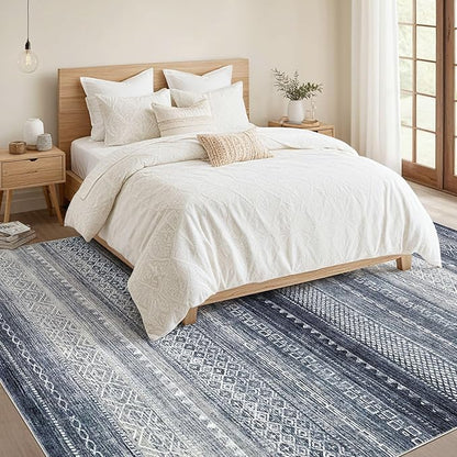 Nakagishi Area Rugs 9x12 Living Room Rug: Washable Boho Large Neutral Modern Soft Stain Resistant Indoor Floor Non-Slip Moroccan Accent Carpet for Bedroom Nursery Kid Playroom Office Dining Room- Blue