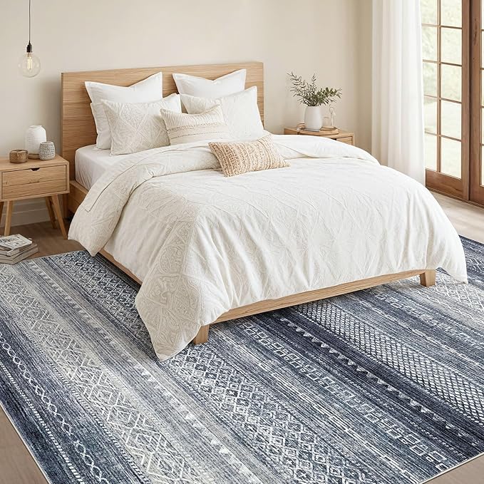 Nakagishi 8x10 Area Rugs Living Room: Washable Boho Large Neutral Soft Modern Rug Stain Resistant Moroccan Non Slip Indoor Floor Carpet for Bedroom Nursery Kids Playroom Office Dining Room- Blue