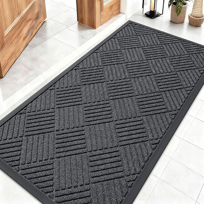 OLANLY Front Door Mat Outside Entrance 47x23, Absorbent, Heavy Duty Sturdy Natural Rubber Doormat Indoor Outdoor, Stain Fade Resistant, Non-Slip Low Profile Floor Mat for Entryway, Black Gray Diamond