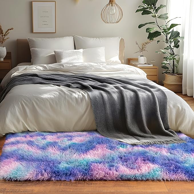 Runner Rugs for Bedroom 2x6 Rug Runners for Hallways Non Slip Soft Shag Bedside Rug, Fluffy Area Rug Throw Rugs for Living Room, Floor Carpet Runner for Nursery Kids Dorm, Rainbow Purple