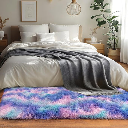 Runner Rugs for Bedroom 2x6 Rug Runners for Hallways Non Slip Soft Shag Bedside Rug, Fluffy Area Rug Throw Rugs for Living Room, Floor Carpet Runner for Nursery Kids Dorm, Rainbow Purple