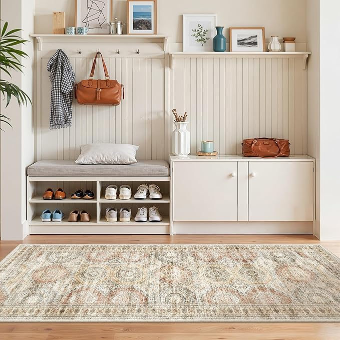 Washable Runner Rugs for Bedroom - 2x6 Runner Rug Non Slip, Ultra-Thin Entryway Runner, Soft Abstract Kitchen Runner for Hallway, Laundry, Bathroom, Indoor Door Mat(2'x6', Brown/Pink)