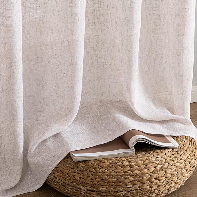 MIULEE Natural White Linen Curtains 60 Inch Length 2 Panels for Bedroom Living Room, Soft Thick Linen Textured Window Drapes Semi Sheer Light Filtering Back Tab Rod Pocket Burlap Look Decor
