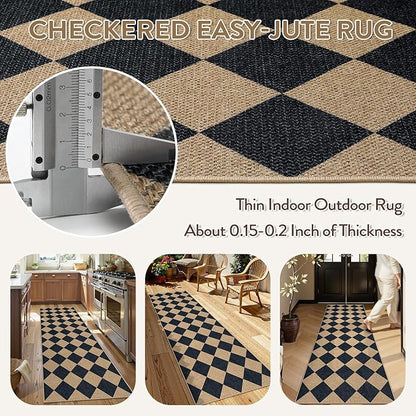 Lahome Colette Checkered Easy Jute Runner Rug, 2x8 Hallway Kitchen Runner Rug Non Slip Washable Outdoor Carpet for Entryway Indoor, Checkerboard Black Indoor Outdoor Carpet for Hallway 8ft Entry