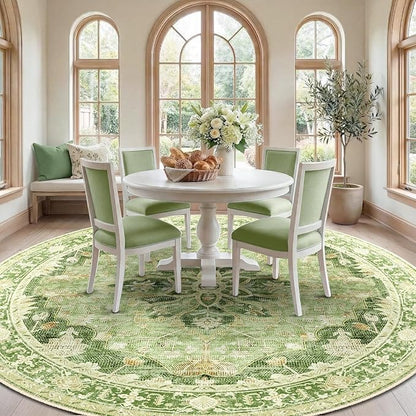 Area Rugs 8ft Washable Non-Slip, Floral Vintage Distress Print Pattern Medallion Carpet for Living Room Bedroom Dining Room, Sage Green Yellow