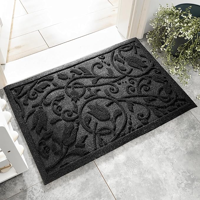 Boho Black Floral Leaves Outdoor Indoor Entrance Doormats, Absorbent Durable Heavy Duty Welcome Front Door Mat,Thick Natural Rubber Back,Easy Clean Entryway Mat 23x35 Inch, Low Profile