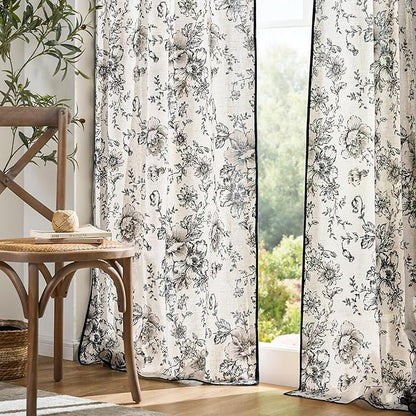 jinchan Linen Blend Floral Curtains French Country Curtain for Living Room 84 Inch Length Black Printed Curtain Rod Pocket Back Tab Farmhouse Peony Flower Patterned Drapes Window Curtains Set 2 Panels
