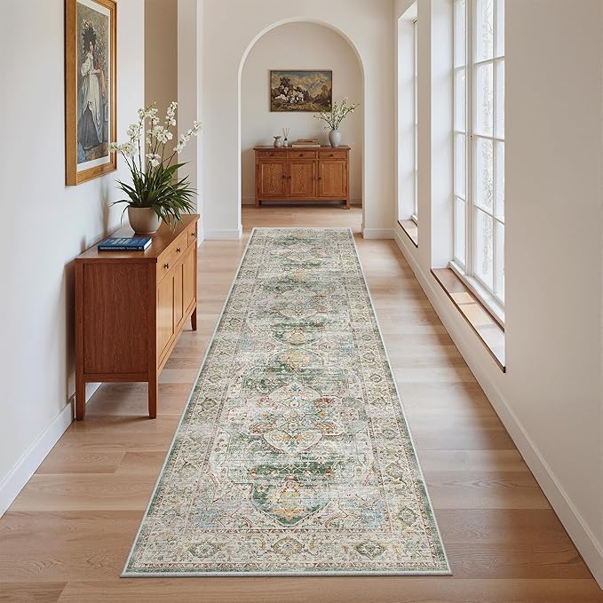 Madane Runner Rug 2x8, Washable Hallway Runner Rugs, Non-Slip Low-Pile Soft Kitchen Rug Runner Laundry Room Rug, Vintage Throw Entry Foyer Mat for Entrance Living Room (Green, 2 x 8)