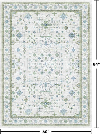 Hazo Haus Oushak Area Rug for Bedroom 5x7 - Blue and Green Vintage Boho Floral Geometric, Washable Low Pile Non Slip Area Rugs for Nursery Room, Foyer, Cozy Aesthetic Room Decor