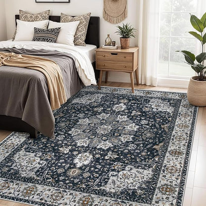 Area Rug 5x7 Washable Rug, Vintage Boho Medallion Rugs Non-Slip Soft Low Pile Large Distressed Rug Indoor Retro Carpet for Living Room Bedroom Dining Room Home Office (Vintage Black, 5'x7')