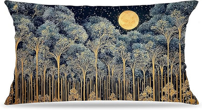 Rustic William Morris Night Forest Moon Decor Pillow Covers 12x20,Vintage Dark Gold Botanical Nature Landscape Decorative Throw Pillow Covers for Home Bedroom Living Room