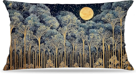 Rustic William Morris Night Forest Moon Decor Pillow Covers 12x20,Vintage Dark Gold Botanical Nature Landscape Decorative Throw Pillow Covers for Home Bedroom Living Room