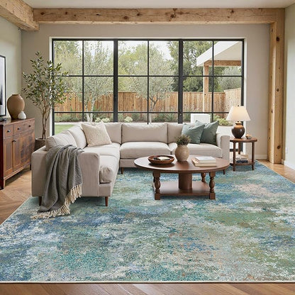 BEIMO Area Rugs 10x14 for Living Room Bedroom, Modern Abstract Machine Washable Rug, Large Soft Low Pile Floor Carpet with Non Slip Backing for Dining Room, Blue Green
