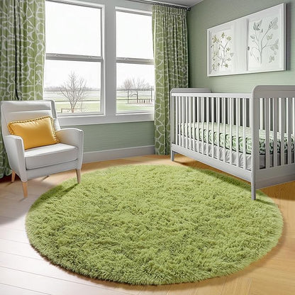 ONASAR Grass Green Round Area Rug 4ft, Soft Bedroom Circle Rugs Floor Mat for Kids Girls Teen Room, Cute Fluffy Plush Shaggy Carpet for Baby Nursery Living Room Playroom Dorm Home Decor