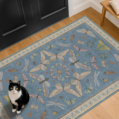 Hazo Haus Washable Blue Rugs for Bedroom Bedside - 3x4 Area Rug for Large Kitchen, Entrance Indoor, Boho Insect Print Bug Décor, Non Slip Low Pile Fade Resistant