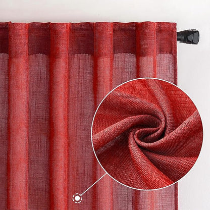 MIULEE Red Linen Curtains 90 Inch Long for Bedroom Living Room, Soft Thick Linen Textured Window Drapes Semi Sheer Light Filtering Rod Pocket Back Tab Christmas Burlap Look, 2 Panels