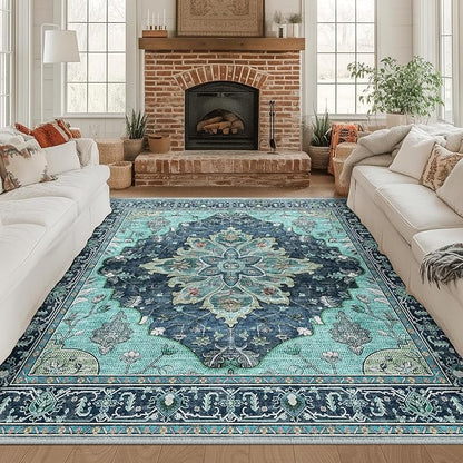 RELEANY Area Rugs Square 8ft Washable Non-Slip, Floral Vintage Distress Print Pattern Medallion Carpet for Living Room Bedroom Dining Room, Teal Green Lake Blue Turquoise