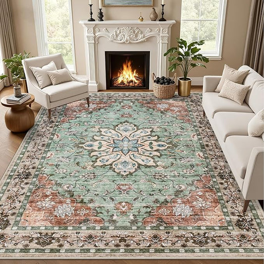 8x10 Area Rugs for Living Room: Washable Rug Soft Vintage Distressed Floral Carpet Indoor Floor Non-Slip Stain Resistant Large Carpets for Bedroom Dining Room Farmhouse Nursery Home Office Brown Green