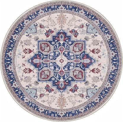 OPPODREAM Soft Round Rug 4ft, Washable Circle Rug 4ft with Non Slip Backing Play Room, Low-Pile Carpet 4 ft, Small Faux Cashmere Throw Carpet, Navy Blue & Red & Cream