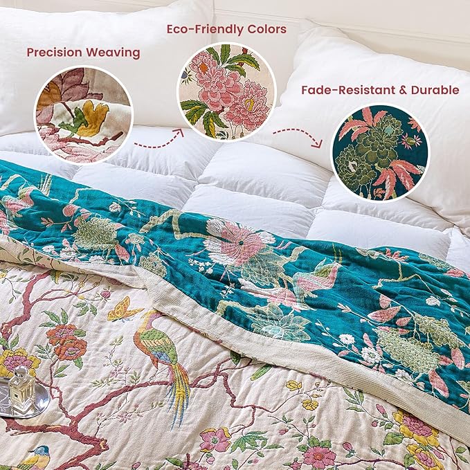MSGKV The Boho Layer: 50"x60" Cotton Throw Blanket – Lightweight & Reversible Chinoiserie Floral & Bird Pattern, Spring Decorative Accent for Couch Snuggles, Bed Layers & Road Trips