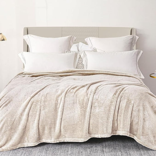 Exclusivo Mezcla Plush Fuzzy Fleece Bed Blanket Queen Size, Super Soft, Fluffy and Warm Blankets for Couch, Bed, All Season (Beige, 90x90 inches)
