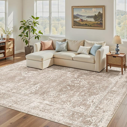 Madane Washable 6x9 Area Rugs for Living Room, Vintage Natural Rug with Non-Slip Backing, Soft Stain Resistant Throw Rugs Thin Carpet for Bedroom Dining Room Farmhouse (6 x 9, Brown/Sand)