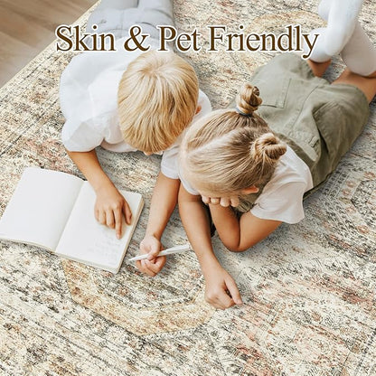Soalmost 5x7 Area Rugs Brown Pink Low Pile Indoor Washable Trendy Faded Style Rugs for Bedroom Living Room Dining Room Foldable Non-Slip Thin Print Mat