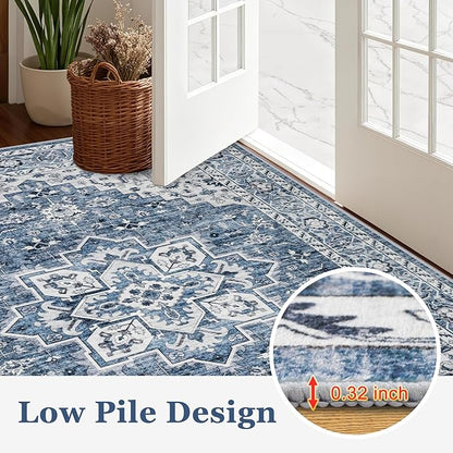 2x3 Area Rugs Living Room Rug: Washable Vintage Boho Medallion Rug No Slip Stain Resistant Soft Carpet Indoor Floor Large Carpets for Bedroom Dining Room Farmhouse Nursery Hallway Home Office Blue