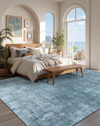 Latte&Fog 6x9 Area Rugs for Living Room Bedroom, Blue Modern Abstract Neutral Washable Rug, Boho Non Slip Low Pile Carpet for Dining Room, Dorm, Classroom, College Dorm, Farmhouse and Kids Room - Blue