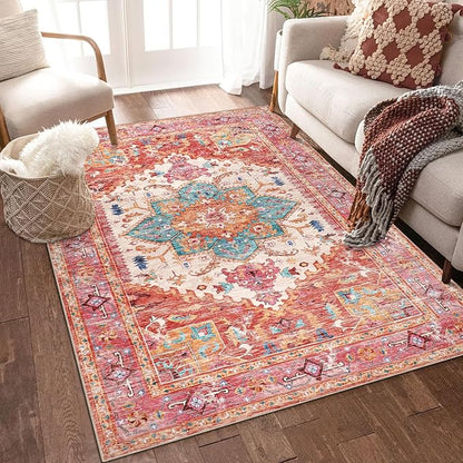 Yamaziot Washable Area Rug, 4x6 Non-Slip Boho Vintage Living Room Bedroom Rug with Rubber Backing, Low Pile Faux Wool Soft Distressed Rug Floor Carpet for Living Room, Laundry, Kids Playroom (Pink)