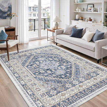 zesthome 6x9 Area Rug, Super Soft Washable Rugs for Living Room, Non-Slip Stain Resistant Vintage Rugs, Ultra-Thin Large Area Rugs (Blue/Beige,6'x9')