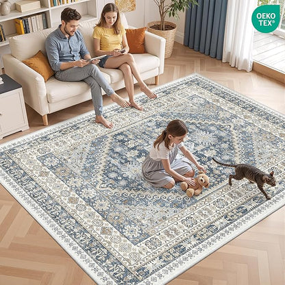 6x9 Area Rugs for Living Room,Soft Low Pile Indoor Washable Rugs for Bedroom, Non-Slip Backing Vintage Large Area Rug, Printed Vintage Floral Carpet(Blue/Beige,6'x9')