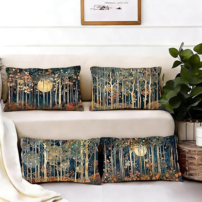 Rustic William Morris Inspired Forest Moon Decor Pillow Covers 12x20 Set of 4,Vintage Botanical Nature Landscape Decorative Throw Pillow Covers for Home Bedroom Living Room,Fall Home Room Decor
