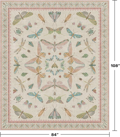 Hazo Haus 7x9 Cute Insect Rugs for Girls Bedroom - Pink and Blue Washable Floral Living Room Rugs, Dining Room Under Table, Insect Print Whimsical Indoor Décor, Low Pile & Soft