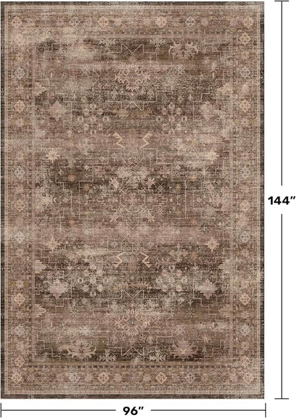 Hazo Haus Gold Brown 8x12 Big Rugs for Living Room - Non Slip Washable Vintage Area Rug for Dining Room Under Table, Geometric Floral & Low Pile Boho Bedroom Decor