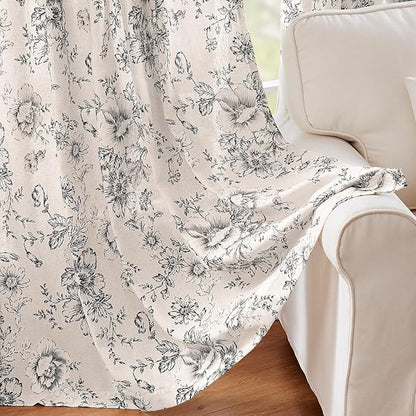 jinchan Linen Blend Curtain Floral Curtains for Living Room 54 Inch Length Black Printed Curtain Rod Pocket Back Tab Farmhouse Peony Flower Patterned Drapes Bedroom Window Curtains Set 2 Panels