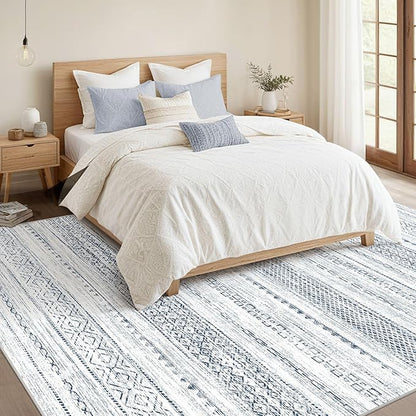 Nakagishi 8x10 Area Rugs Living Room: Washable Boho Large Neutral Soft Farmhouse Rug Stain Resistant Modern Indoor Floor Non-Slip Carpet for Bedroom Nursery Kids Playroom Office Dining Dorm-White Blue
