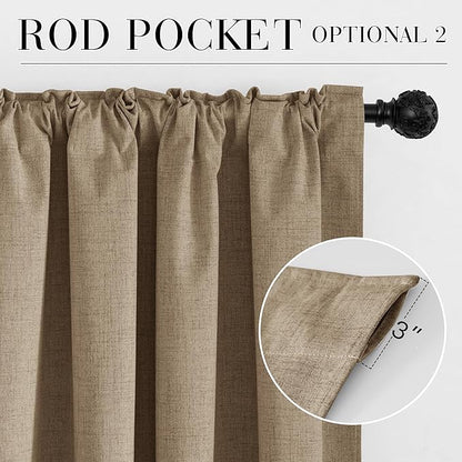 RYB HOME Burlap 100% Blackout Short Curtains 52 Width 45 inch Length, Light Blocking & Thermal Insulated Curtains for Kitchen/Small Window/Bathroom/Basement, 2 Panels