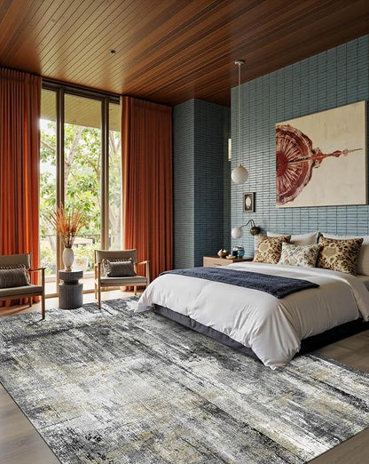 Latte&Fog 6x9 Area Rugs for Living Room Bedroom, Black Modern Abstract Neutral Washable Rug, Boho Non Slip Low Pile Carpet for Dining Room, Dorm,Classroom,College Dorm and Farmhouse - Black Gold