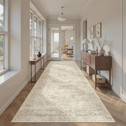 Soalmost Hallway Runner Rug 4x8 Wide: Washable Thin Runners for Hallways Entry, Non Slip Soft Vintage Kitchen Area Rugs for Living Room Bedroom Dining Room Foyer (Beige, 4x8)