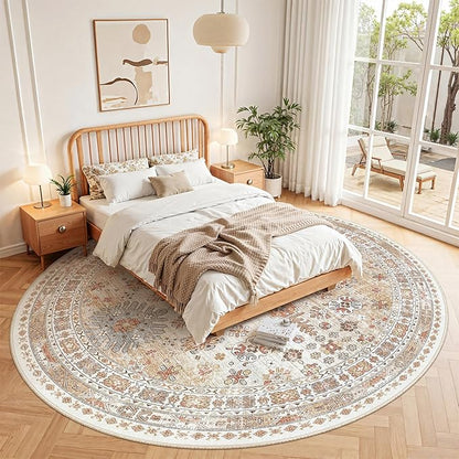 zesthome 9ft Round Rugs for Living Room, Non-Slip Washable Round Area Rugs, Ultra-Thin Large Circle Rugs, Soft Low Pile Rug for Bedroom, Kitchen - Vintage Stain Resistant Round Rug (Orange,9'x9')