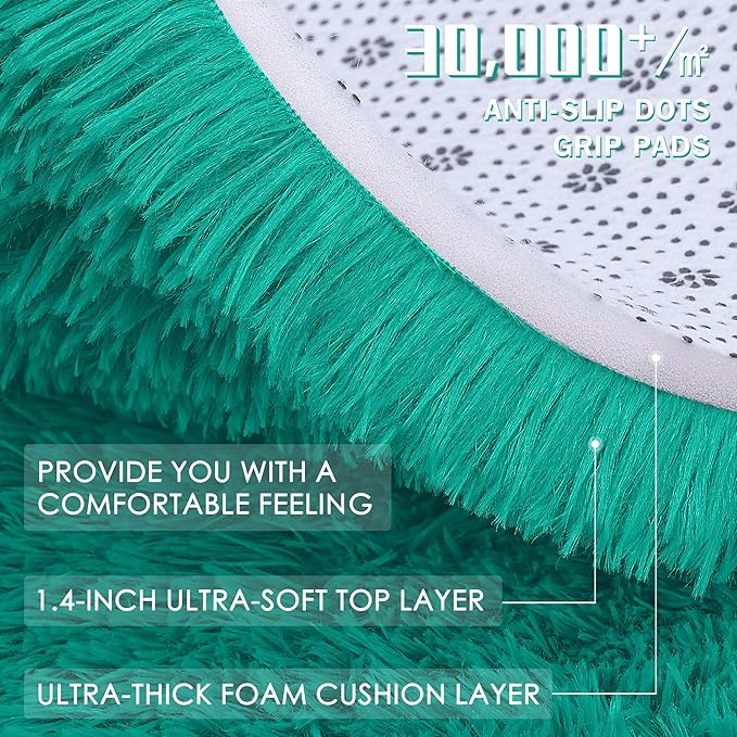 OLANLY Teal Green Round Rugs for Bedroom - Machine Washable, 3 ft Circle Area Rugs for Living Room, Soft and Fluffy Shaggy Carpet for Teen Girl and Boys, Nursery Rooms, Dorms, Home Decor Aesthetic