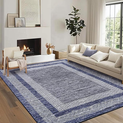 GarveeHome 6x9 Large Washable Area Rug Modern Bordered Rug Distressed Geometric Floor Carpet, Soft Non Slip Low Pile Non Shedding Rug, Indoor Navy Blue for Bedroom, Living Room