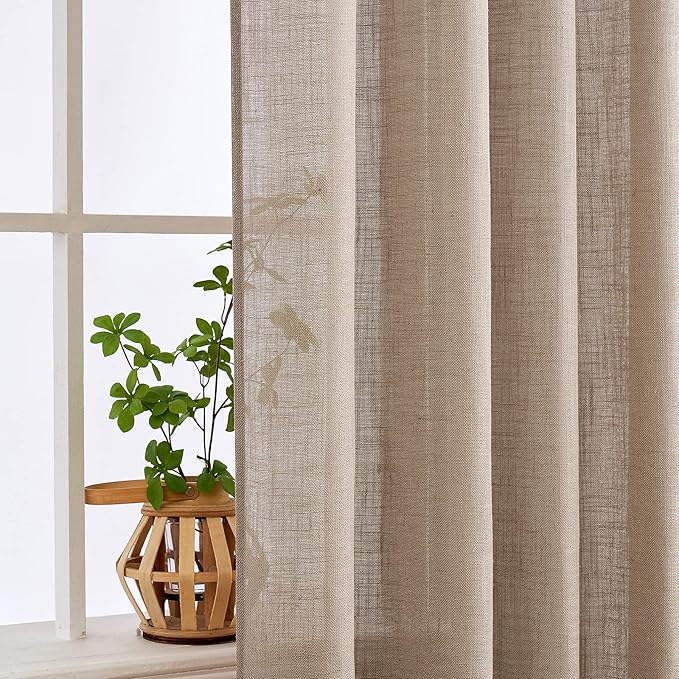 MIULEE Taupe Linen Curtains 90 Inch Long for Bedroom Living Room, Soft Thick Linen Textured Window Drapes Semi Sheer Light Filtering Back Tab Rod Pocket Burlap Look Farmhouse Country Decor, 2 Panels