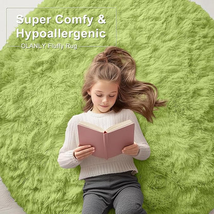 OLANLY Grass Green Round Rugs for Bedroom - Machine Washable, 5 ft Circle Area Rugs for Living Room, Soft and Fluffy Shaggy Carpet for Teen Girls and Boys, Nursery Rooms, Dorms, Home Decor Aesthetic