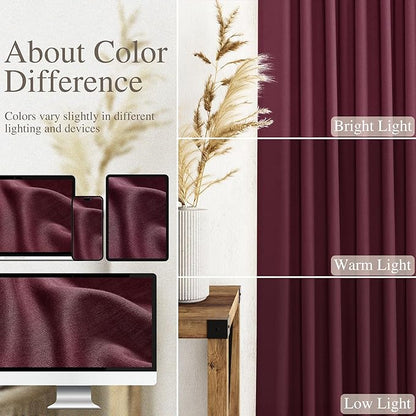 Nanspring Burgundy Linen Curtains Semi Sheer 96 Inches Long 2 Panels Set for Living Room Back Tab Rod Pocket Light Filtering Drape for Bedroom Modern Farmhouse Coastal Decor Protect Privacy 52x96